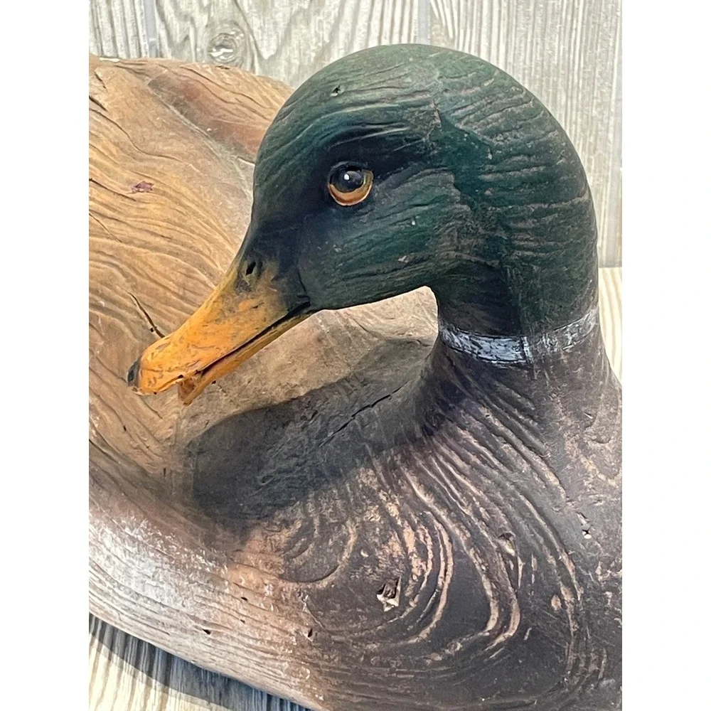 Mallard Duck Decoy Figurine Faux Wood Grain Resin Decorative Waterfowl Decor
